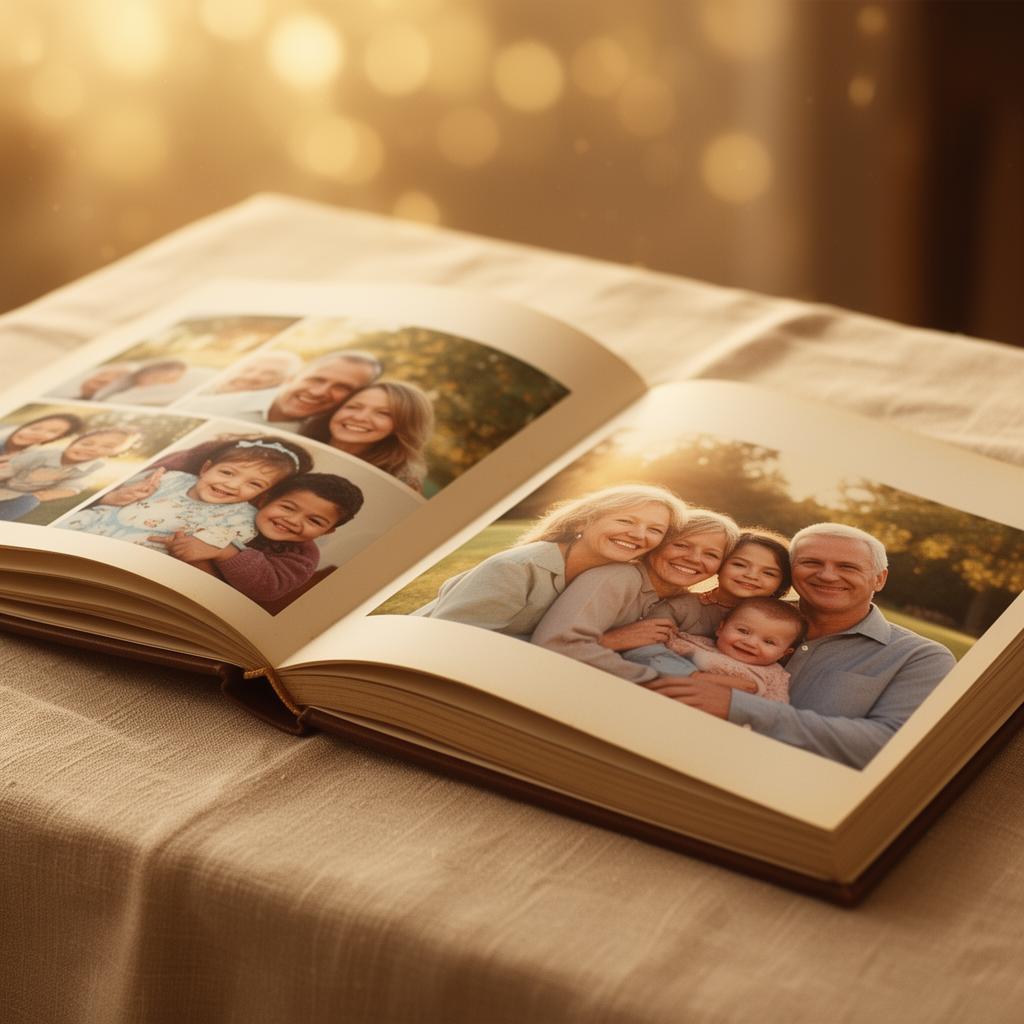 Open family photo album in soft golden light